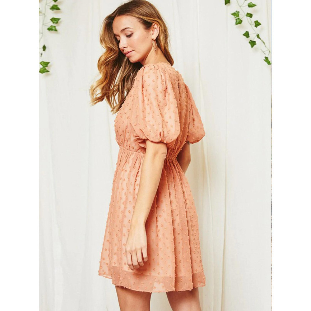 Peach Swiss Dot Mini Dress Smocked Waist Flowy Size Large - Picture 3 of 4